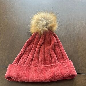 Cozy Red Knit Beanie with Faux Fur Pom